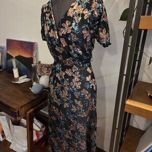 Lulu's Black and Brown Floral Midi Dress